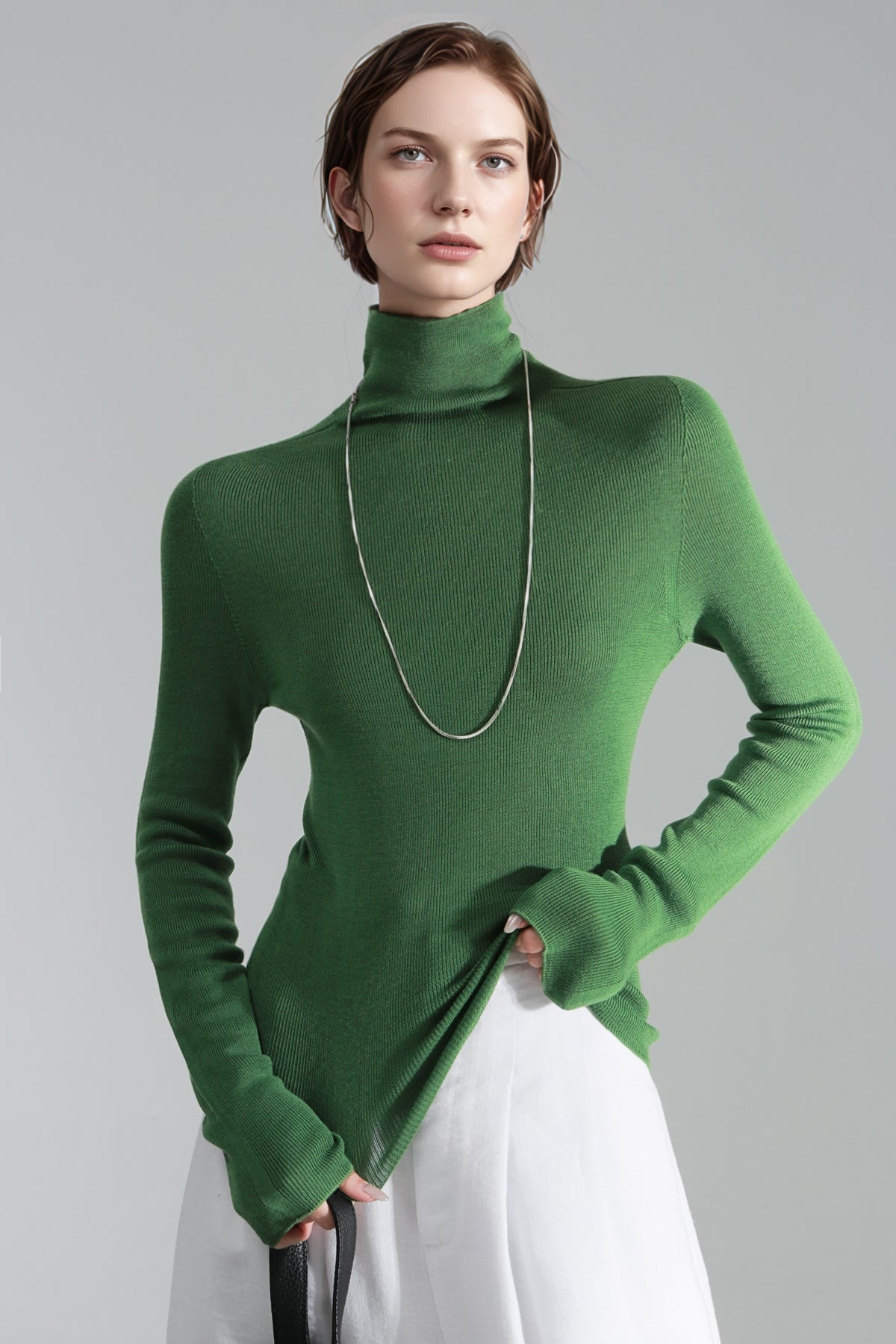 Merino Wool Minimalist Mock Neck Ribbed Knit Top – Cross-Strap Seamless Solid Color Sweater