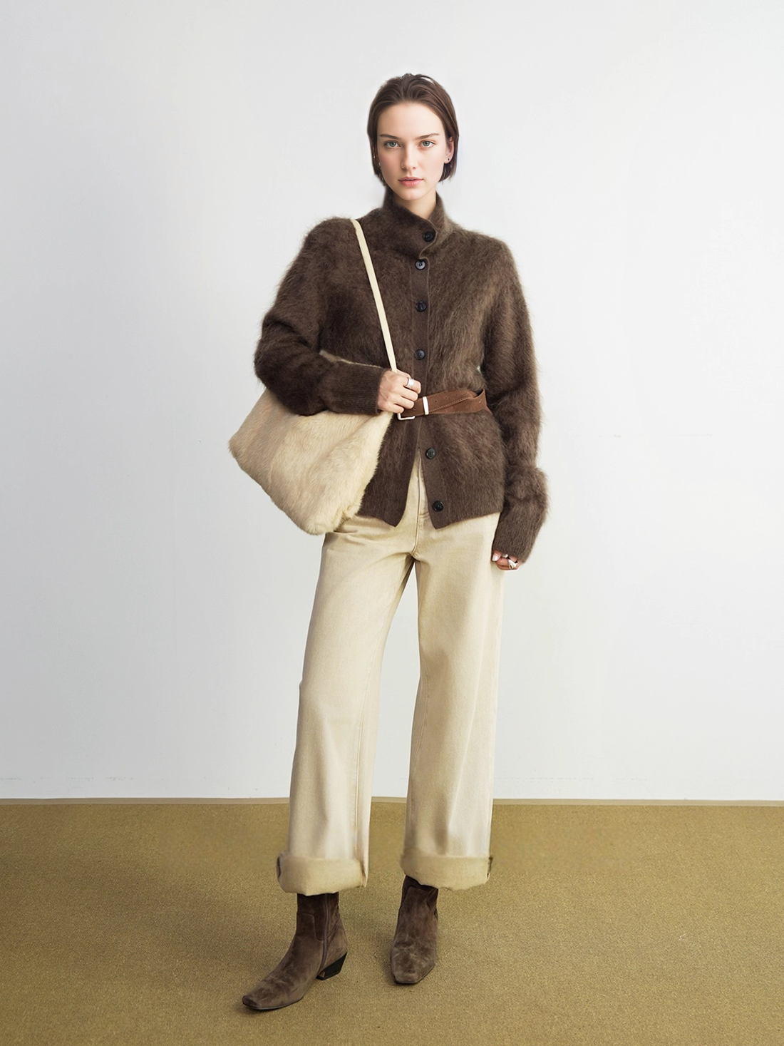 Premium Brushed  Cashmere 100% Stand-Collar Button Cardigan for Women