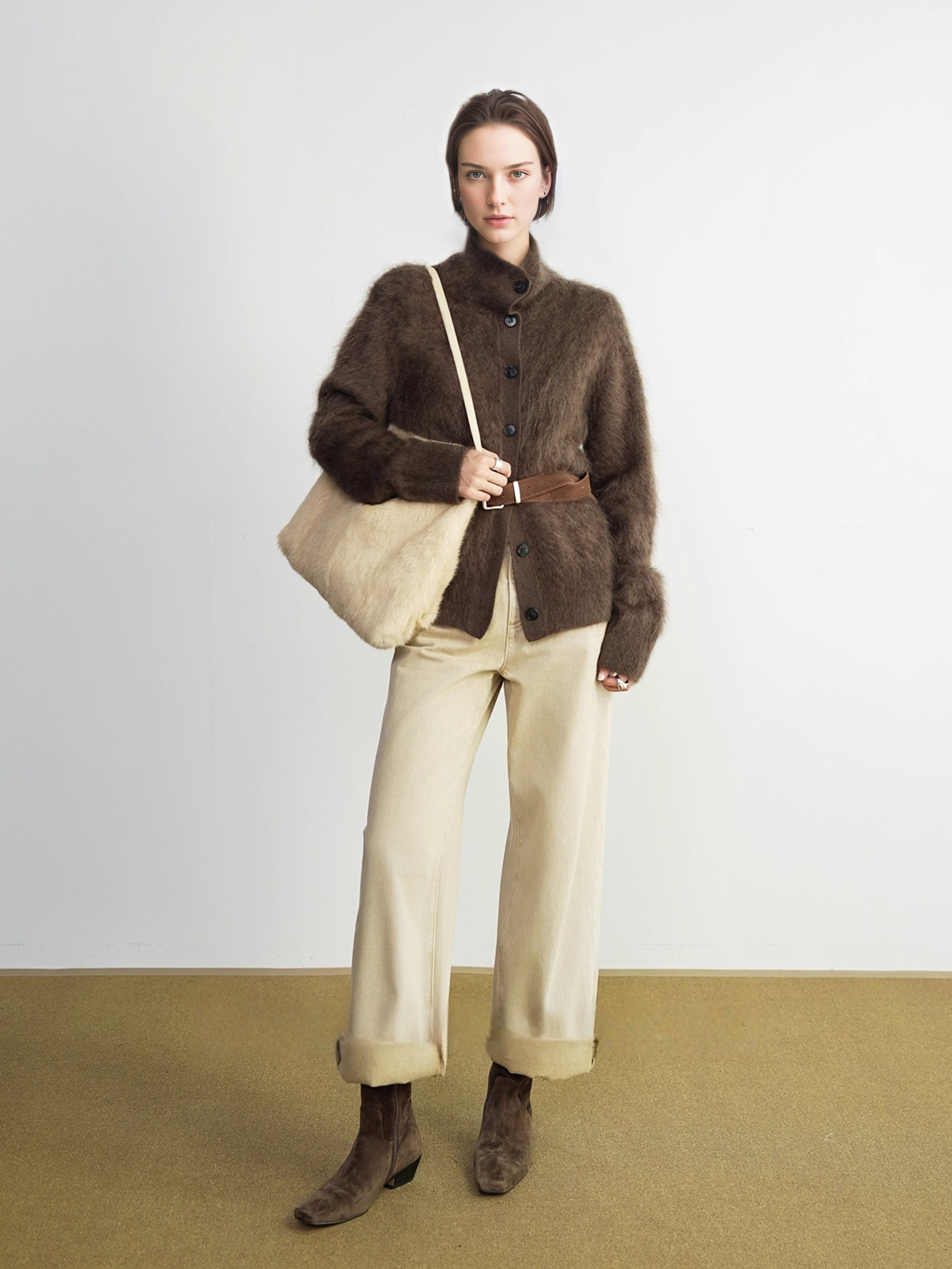 Premium Brushed  Cashmere 100% Stand-Collar Button Cardigan for Women