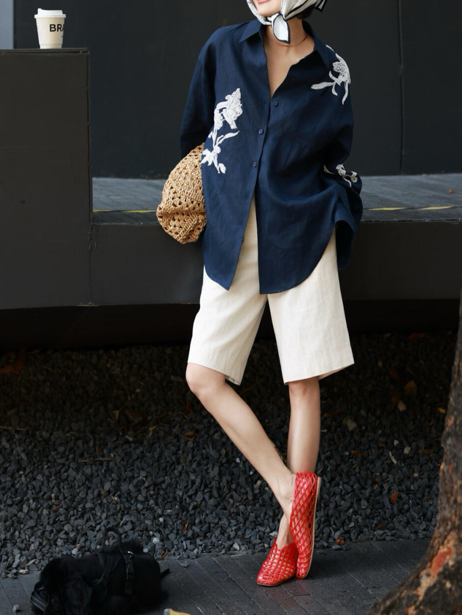 Autumn 100% Linen Heavy-Embroidered Shirt