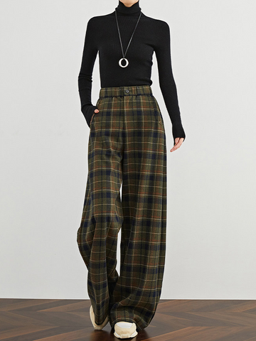 Women's Vintage Plaid Wide-Leg Pants – High-Waist Relaxed Fit Extended Casual Trousers with Elastic Waist