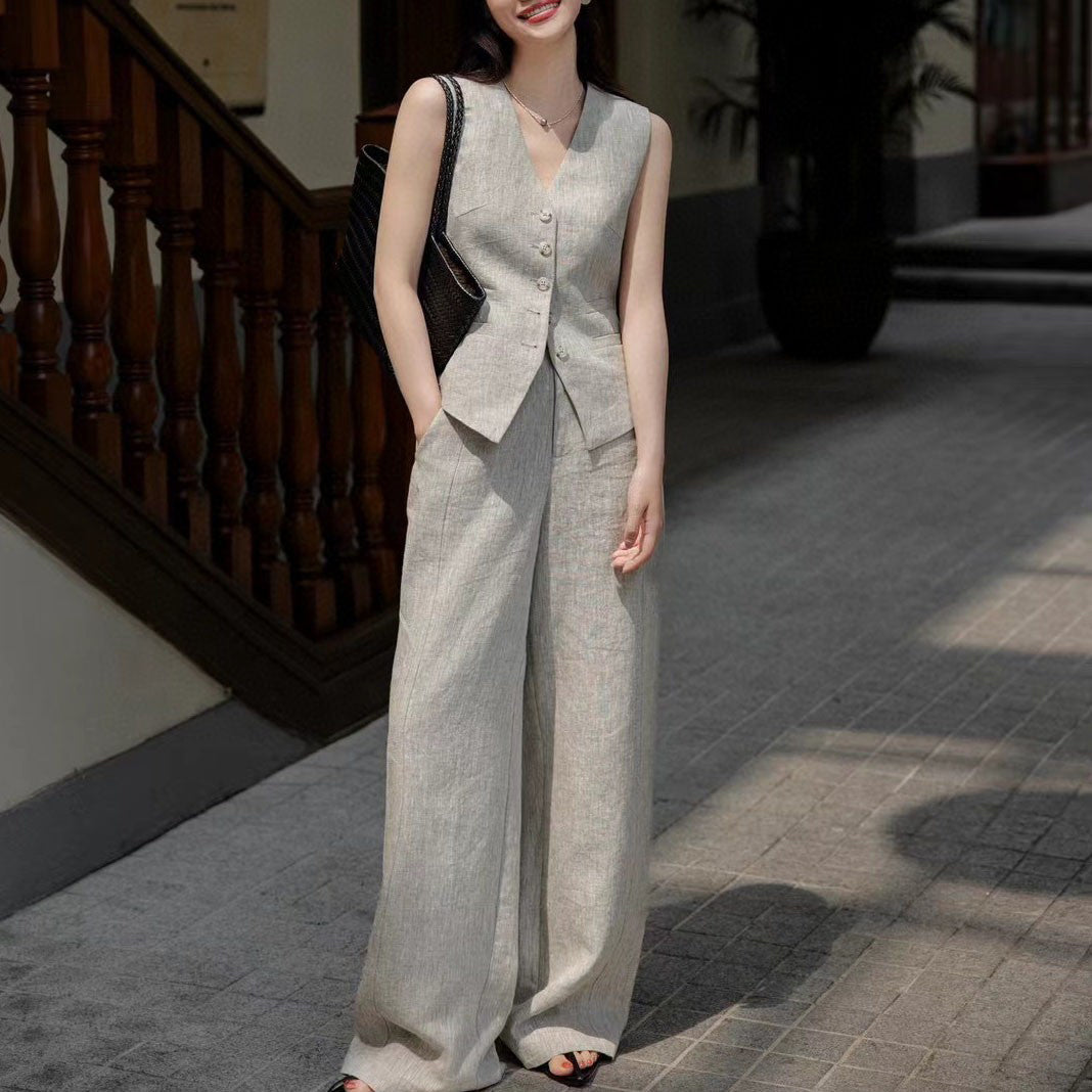 Women’s Summer Linen Two-Piece Set – Minimalist Vest & Wide-Leg Pants, Elegant Commuter Style