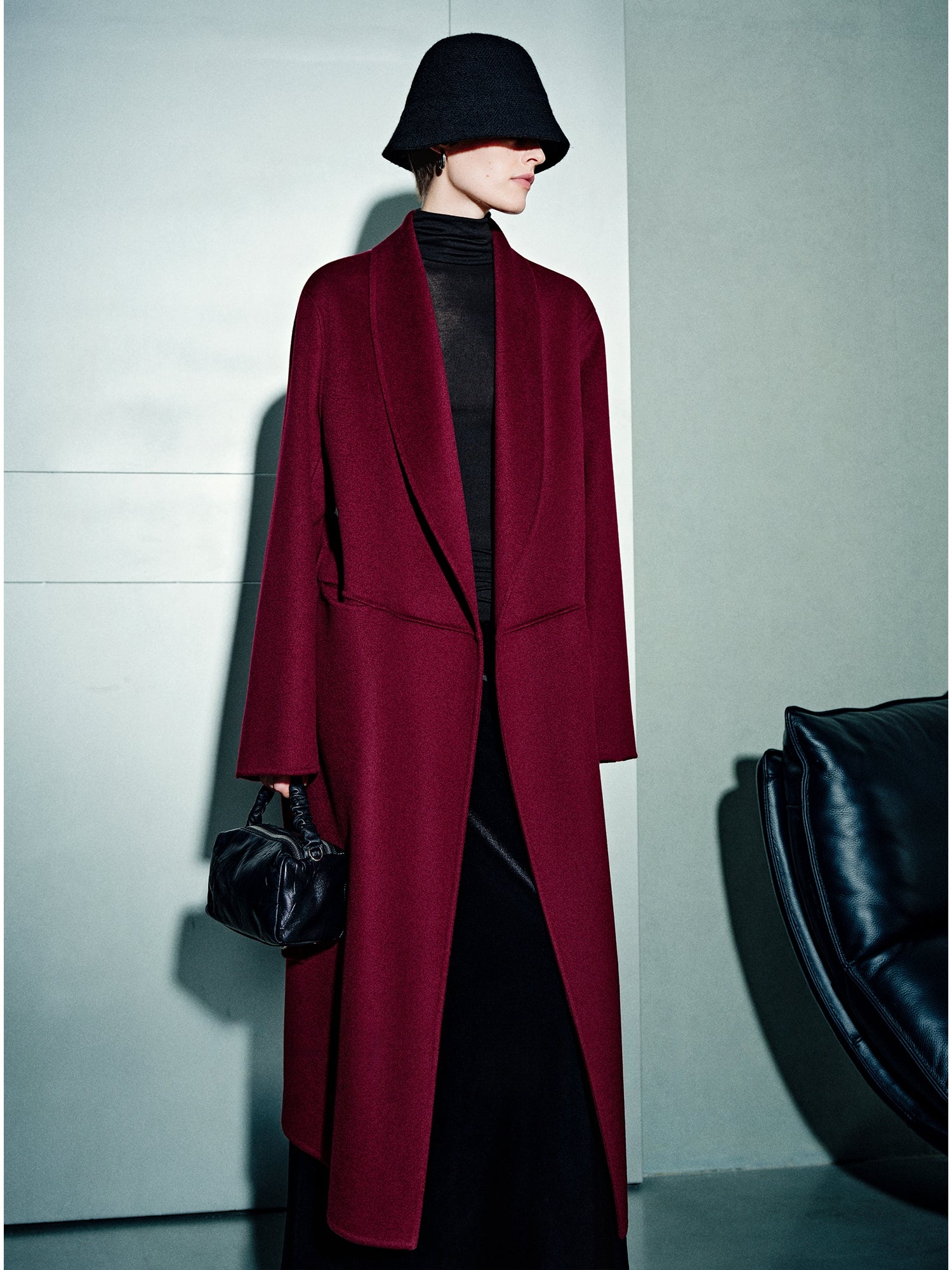 100% Cashmere Double-Faced Wool Coat for Women – Long Wine Red Overcoat