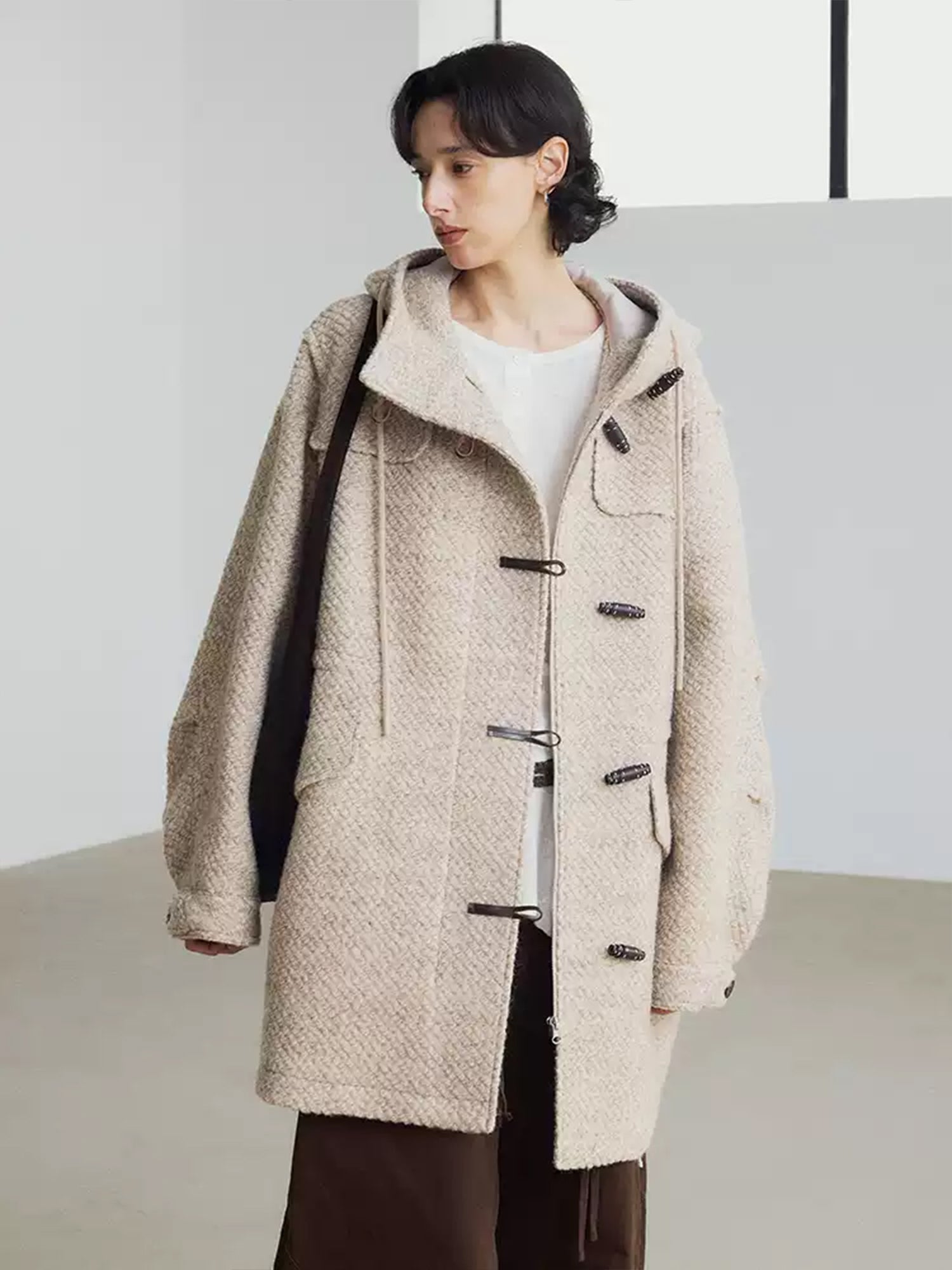 Wool-Blend Vintage Hooded Duffle Coat for Women – Loose Fit, Cozy Autumn-Winter Outerwear