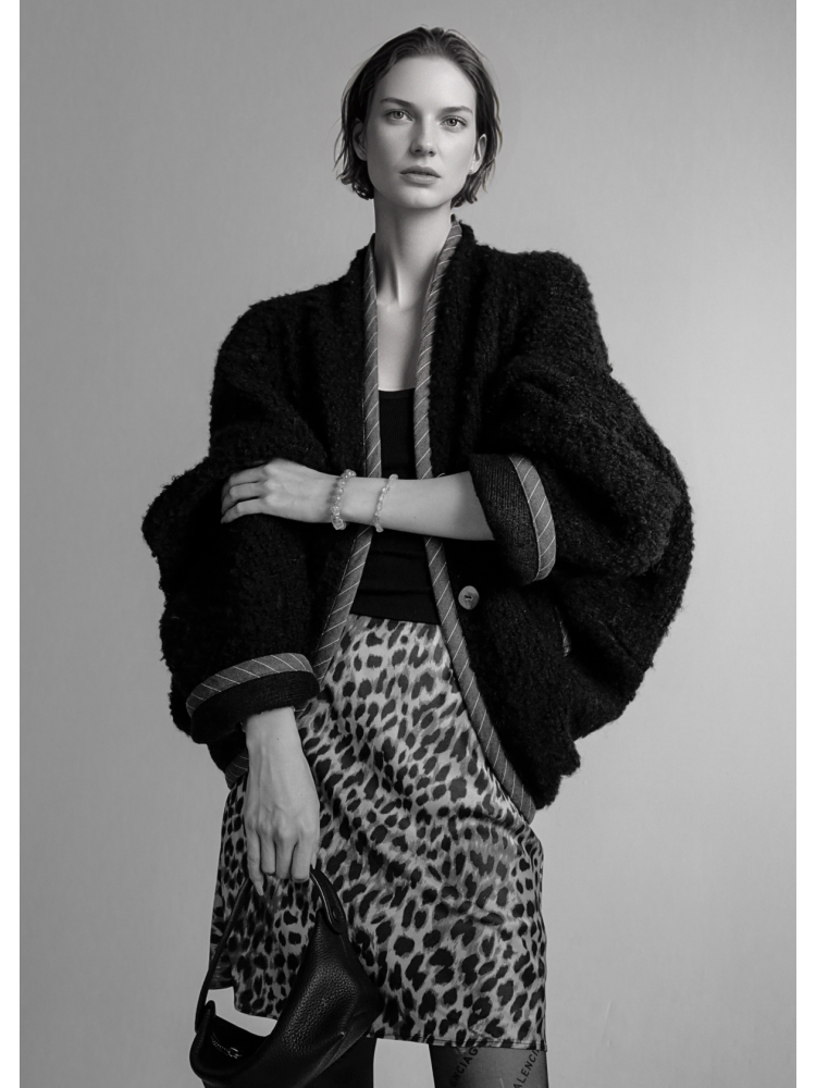 Old Money Style Batwing Sleeve Cardigan Coat for Women – Double-Faced Alpaca Wool Cape with Leather Trim and Speckled Dot Detail