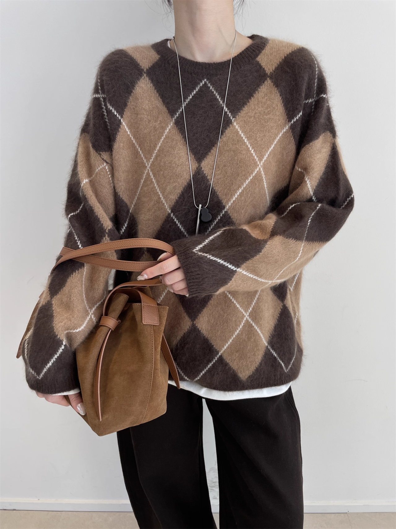 Women’s Wool Cashmere Argyle Knit Sweater | Loose Fit British Style Pullover for Fall Winter