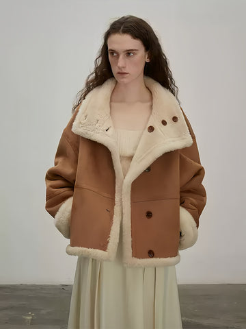 Reversible Moto Jacket for Women — Short Teddy Coat with New Zealand Sheepskin Shearling, Color-Block Suede & Premium PU Leather