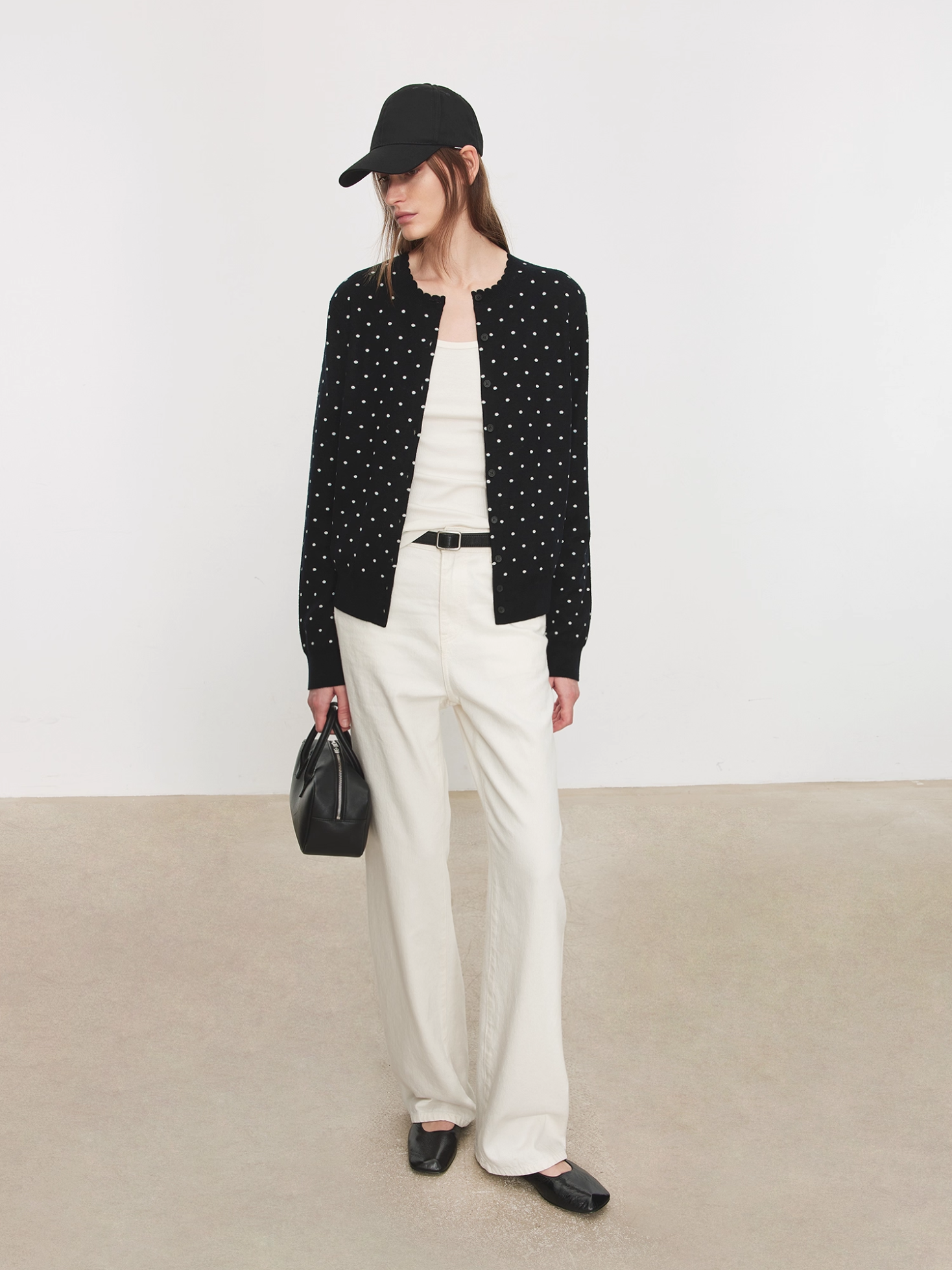 Vintage Double-Layer Jacquard Polka Dot Cardigan | Mercerized Wool Petal-Collar Knit