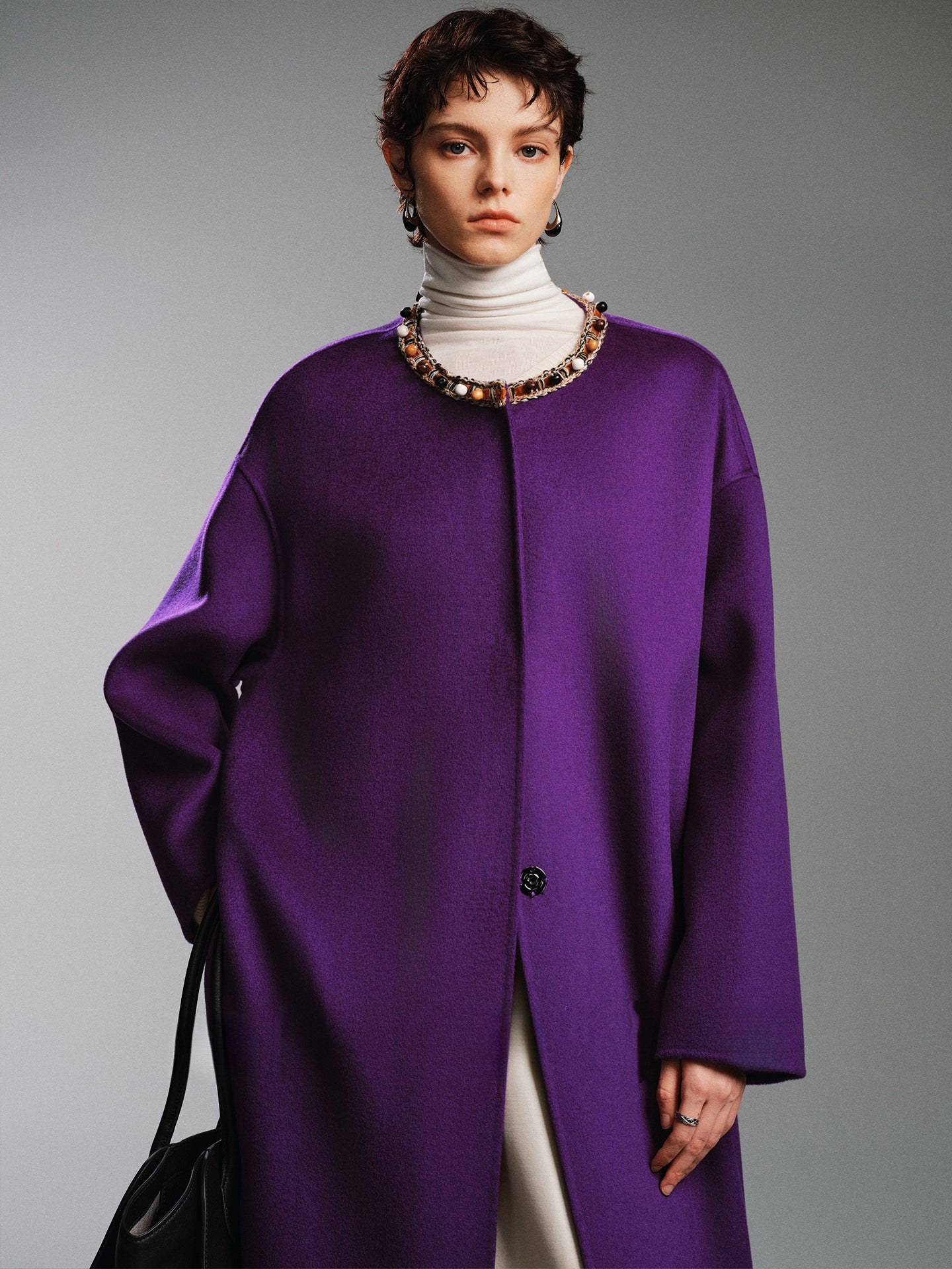 Luxury Cashmere Blend Beaded Coat | Original Designer Double-Sided Wool Overcoat for Women, Forest &amp; Deer Inspired Design