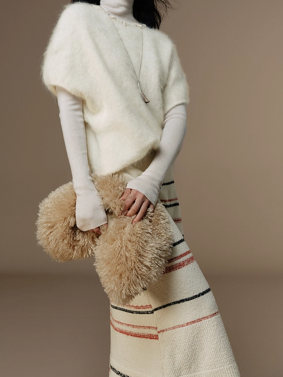 Lazy Winter Chunky Knit Colorblock Striped Stretch Midi Skirt