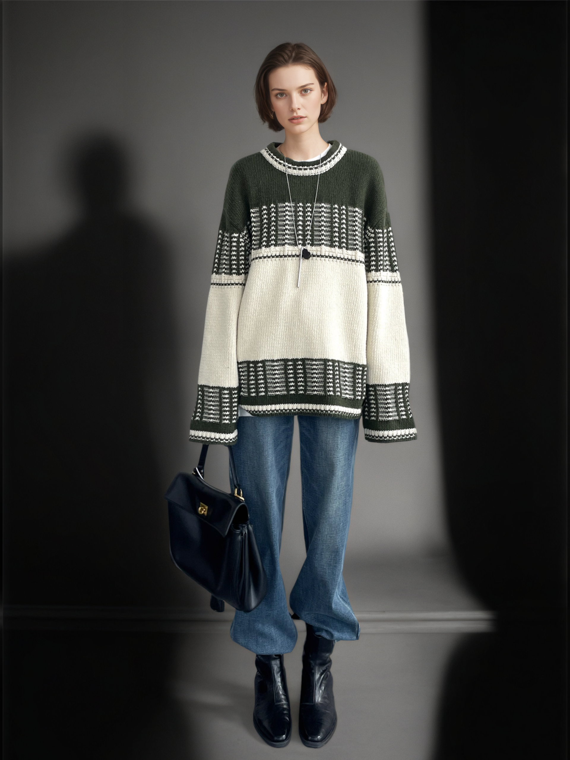 Women’s Mercerized Wool Fair Isle Knit Sweater | Color-Block Crew Neck Pullover