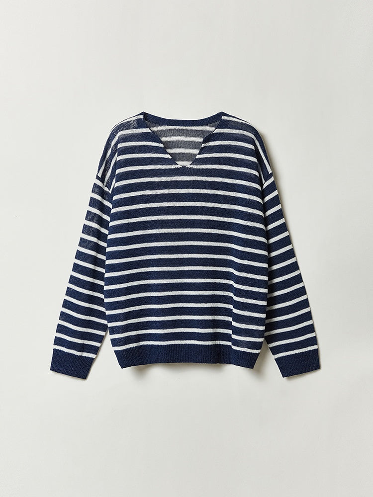 Old Money Breton Knit Top – Japanese Washi Cotton Blend Round/V-Neck Lightweight Sweater