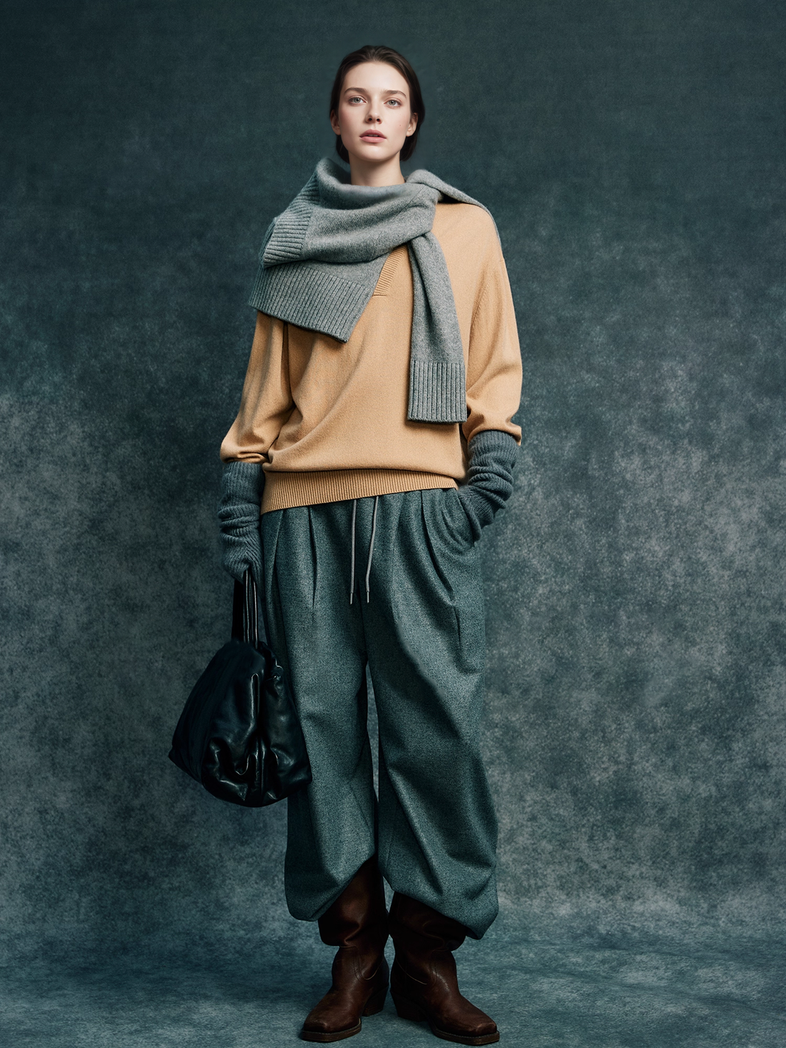 Contrast Trim Wool Cashmere Sweater for Women | Minimalist Loose Fit Ribbed Knit Top with Layered Effect