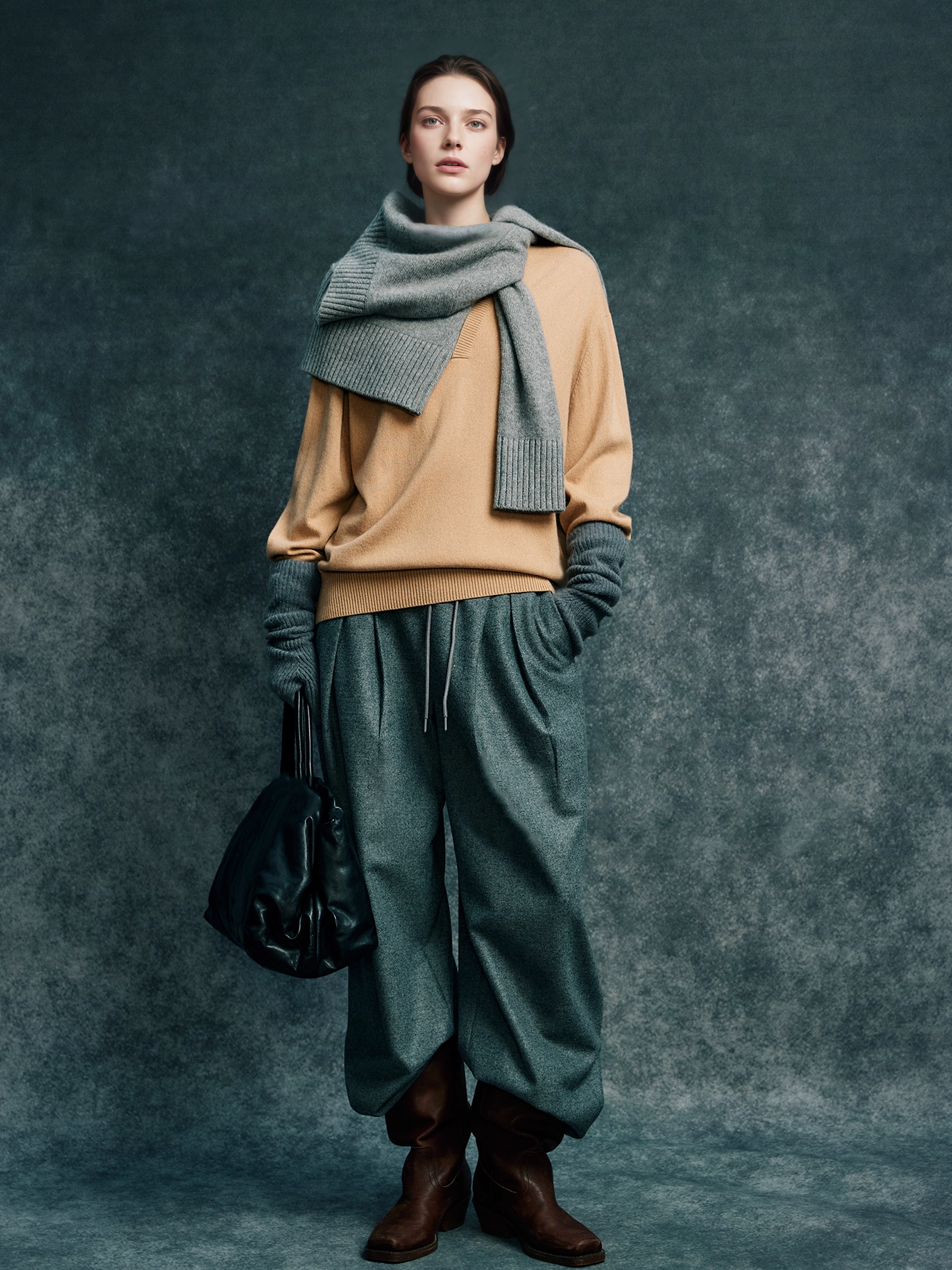 Contrast Trim Wool Cashmere Sweater for Women | Minimalist Loose Fit Ribbed Knit Top with Layered Effect