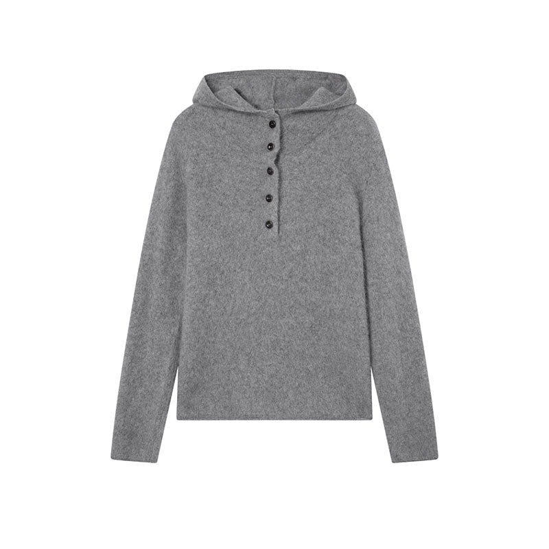 Cashmere Wool Brushed Hoodie Sweater | Henley-Neck Relaxed Fit Soft Cloud-Knit Pullover