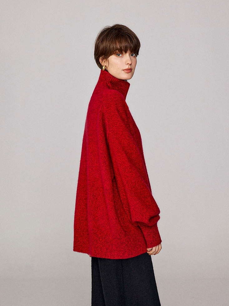 Soft New Year Red 100% Cashmere Sweater for Women – A-Grade Dyed Mélange Yarn, Thickened Turtleneck, Cozy Oversized Knit