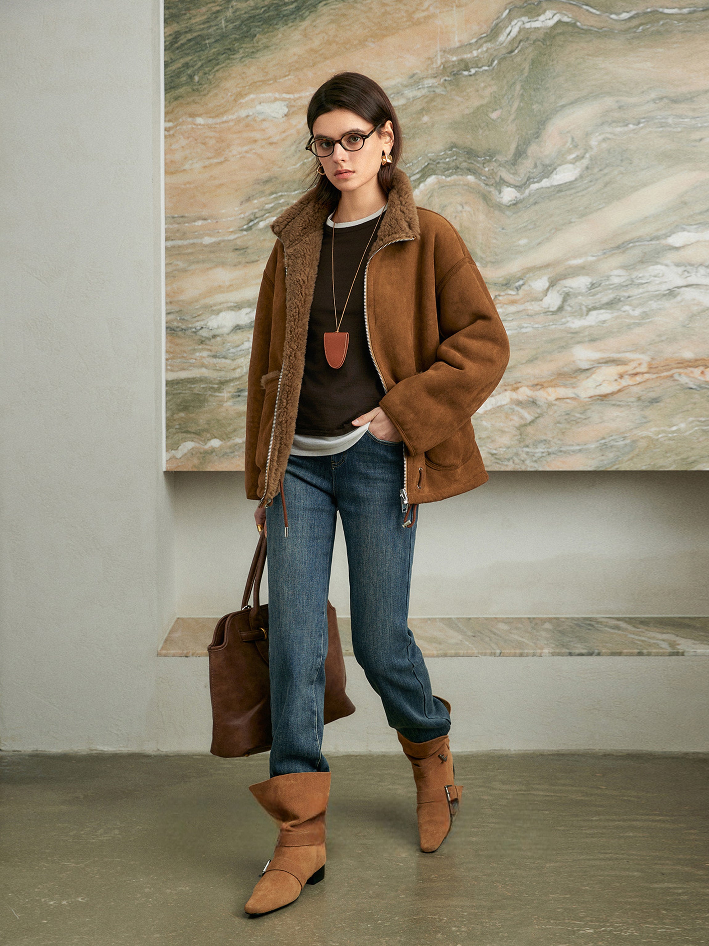 100% Wool-Lined Vintage Brown Faux Suede Jacket – Thick Reversible Shearling-Style Coat for Women