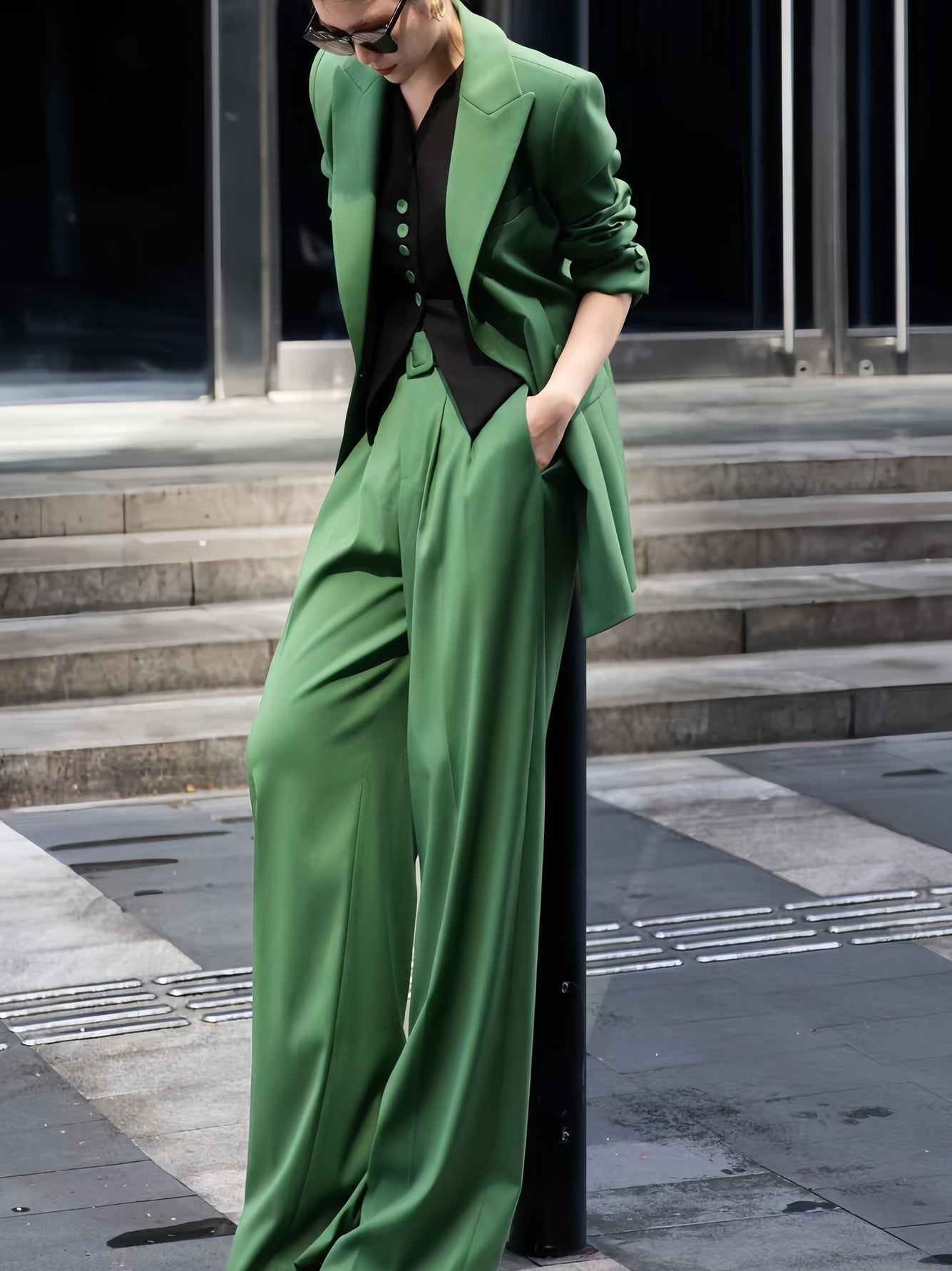 Luxury Custom Tailored Women's Suit Set | Designer Belted Vest, Blazer & Wide-Leg Trousers - Elegant Quiet Luxury Professional Three-Piece Outfit