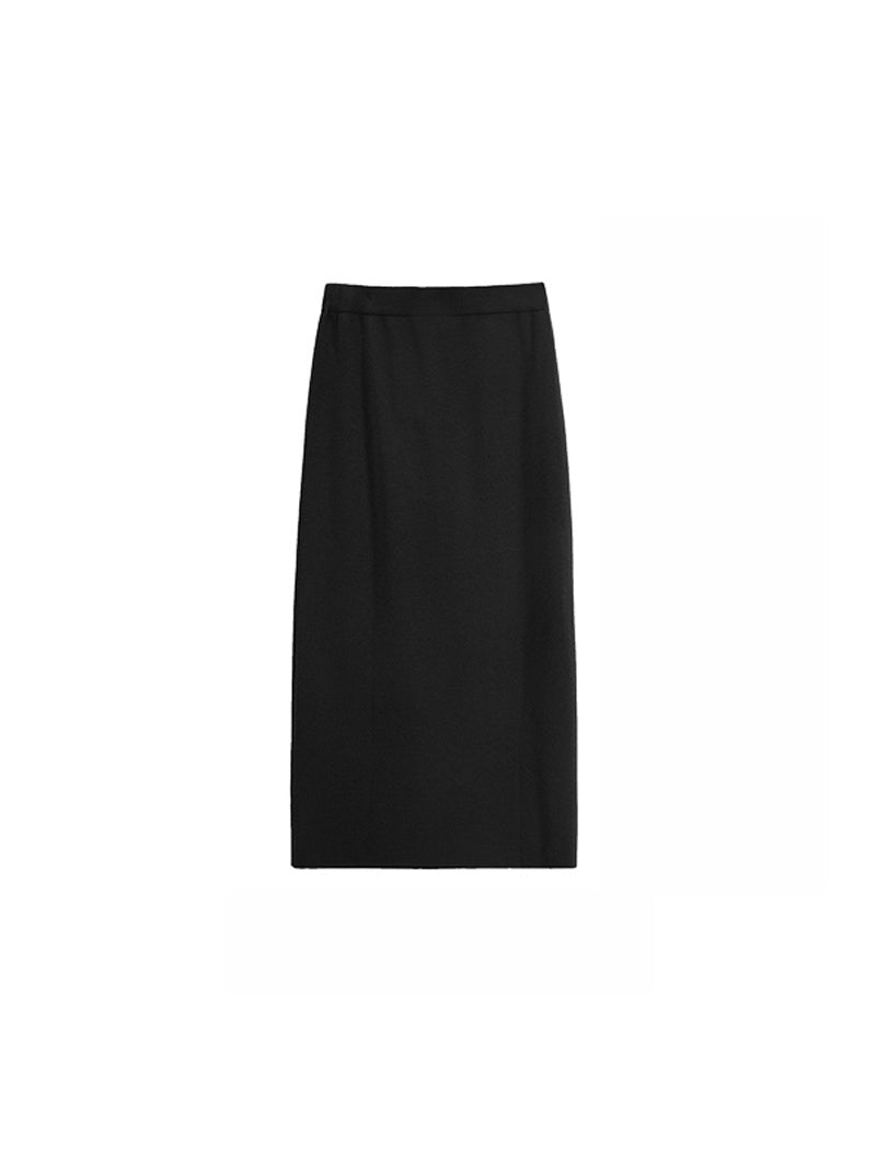 German Wool Yarn Ribbed Knit Pencil Skirt – Elegant Split Hem Wool Midi Skirt for Work