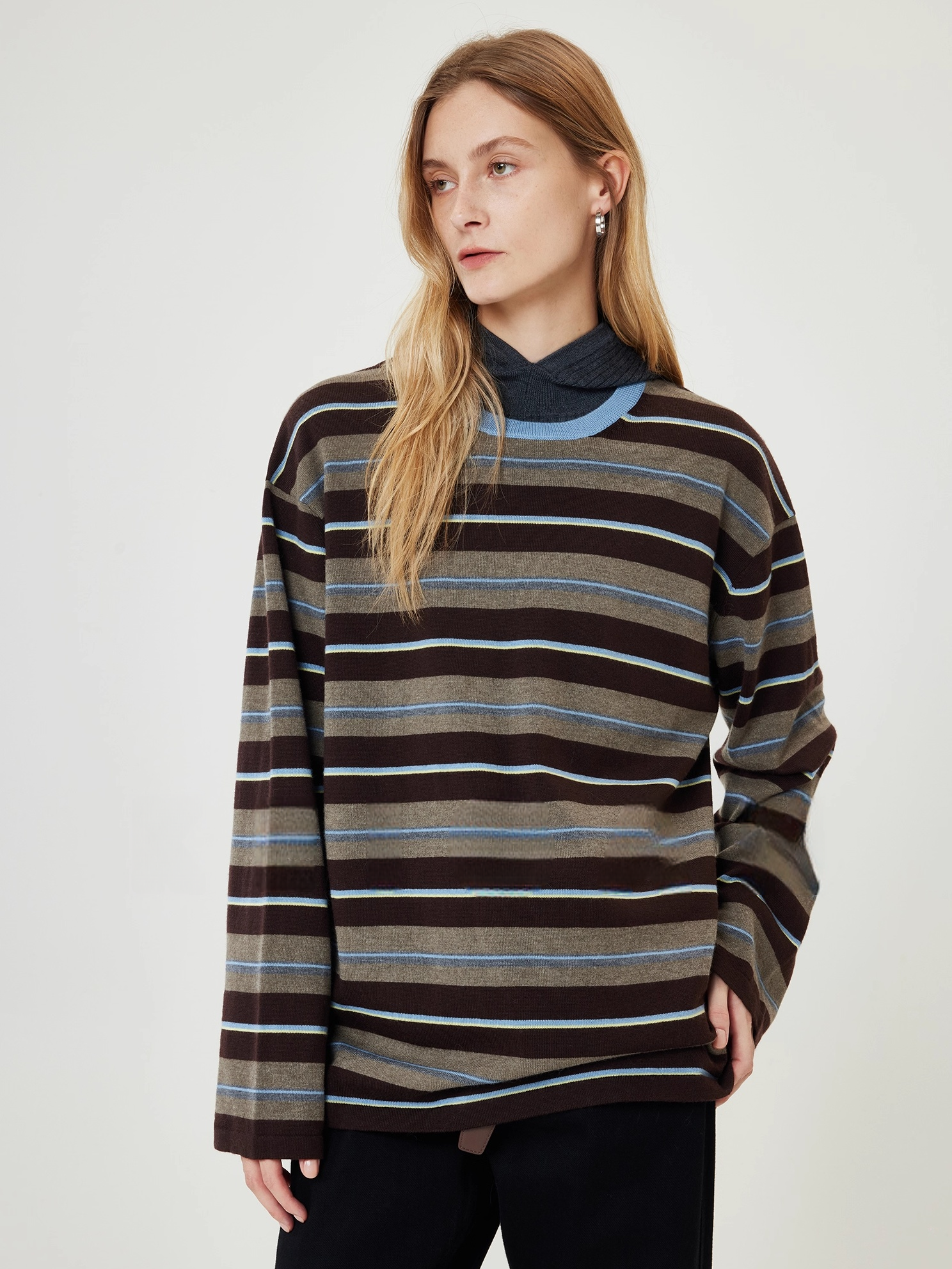 Washed Wool Striped Oversized Sweater for Women – Thick German-Style BIELLA Knit