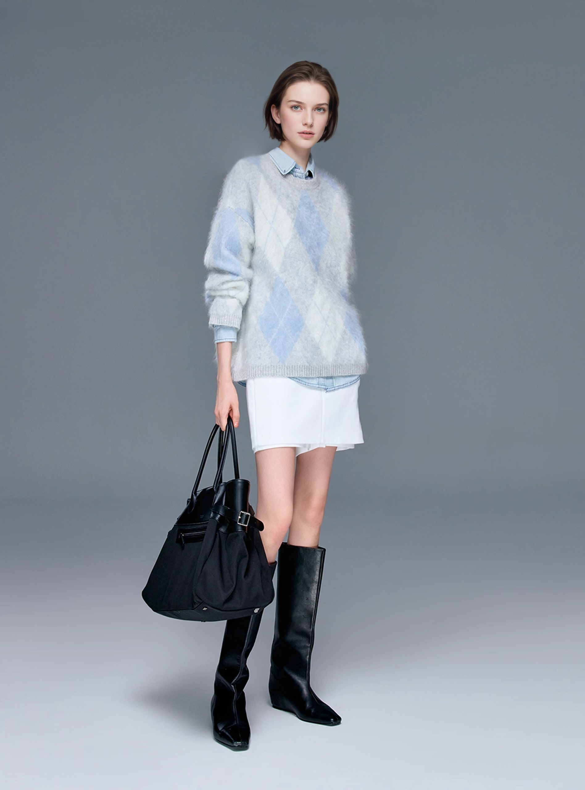 Brushed Cashmere Diamond-Pattern Crewneck Sweater for Women | Soft Long-Sleeve Knit in British-Inspired Style