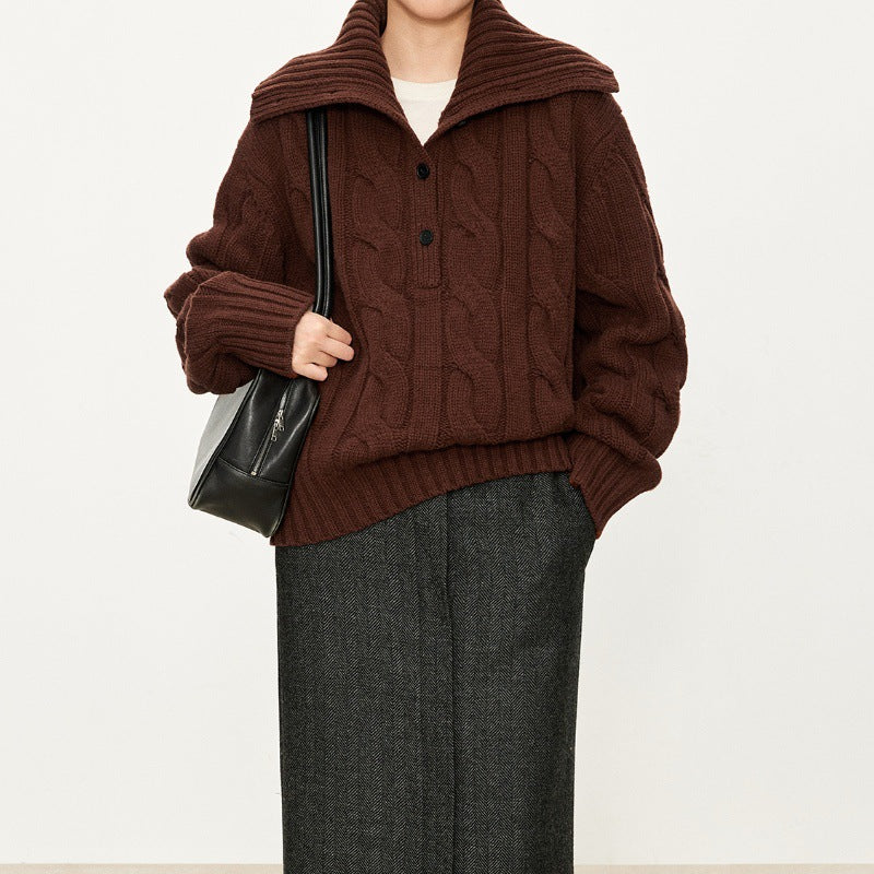 Women’s Vintage "Old-Money" Chunky Cable-Knit Wool Sweater | English-Style T-Silhouette with Stand & Turn-Down Collar