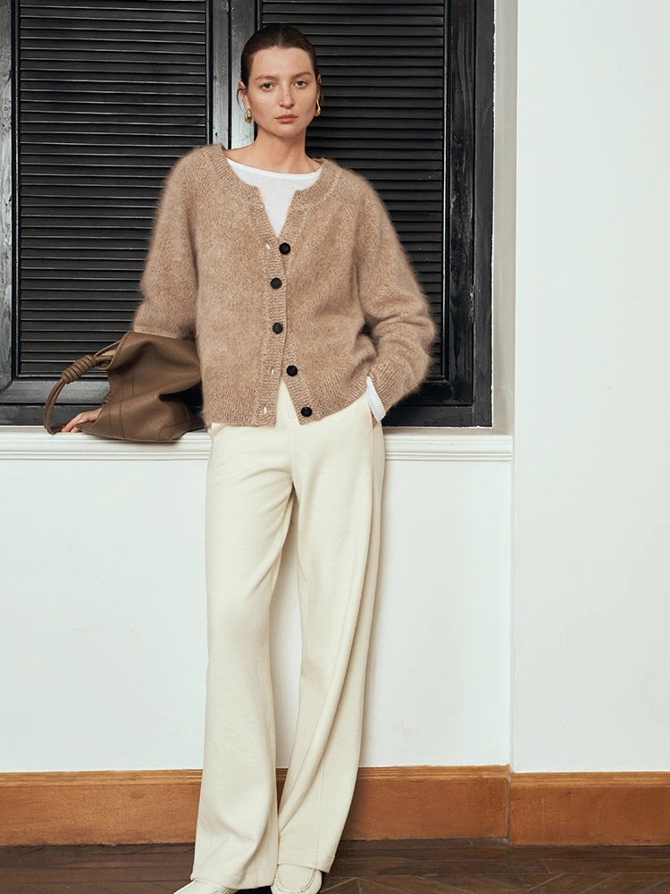 Brushed Cashmere-Wool Bouclé Yarn Crewneck Knit Cardigan for Women