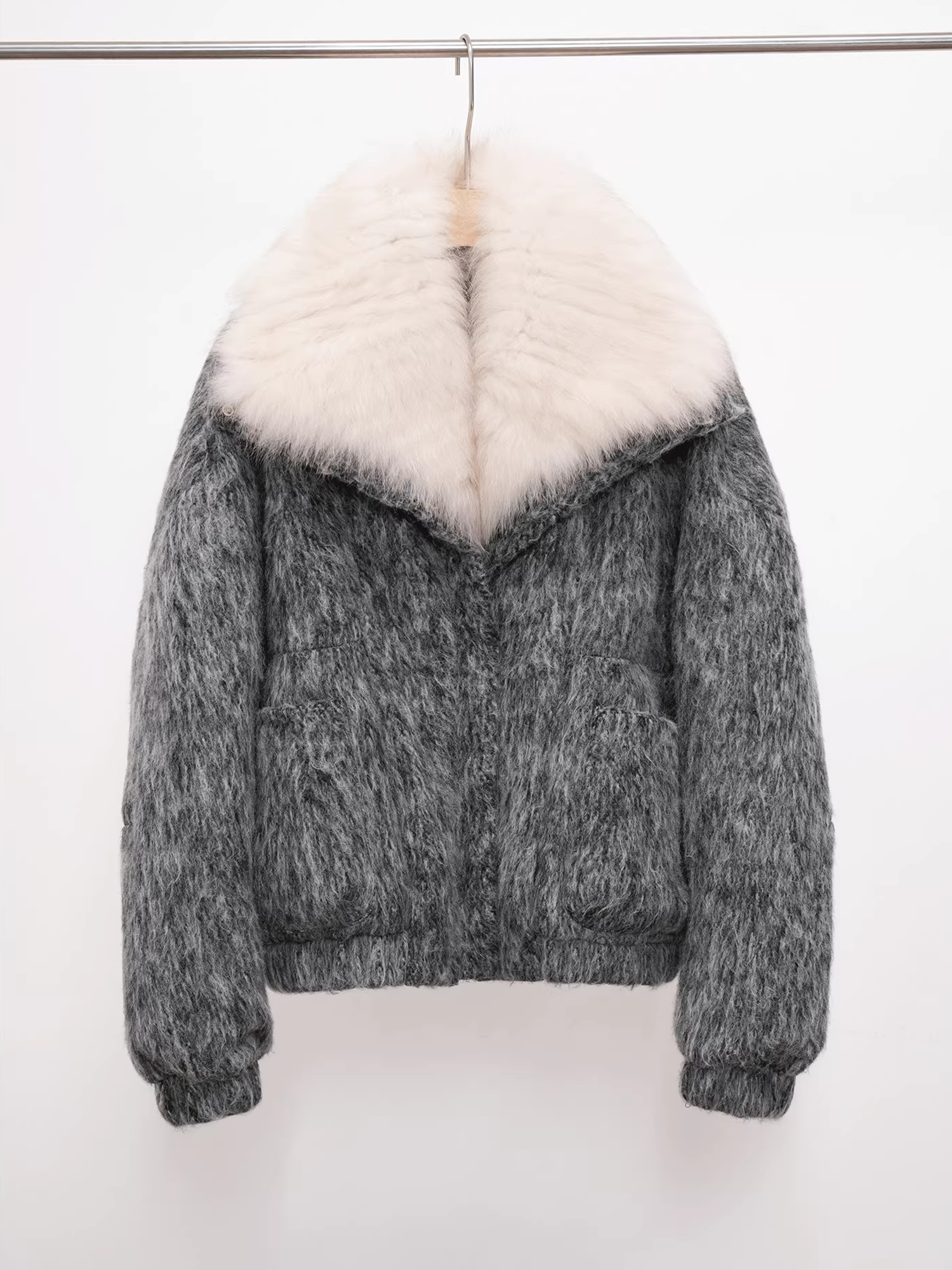 Women’s Wool-Blend Down Coat with  Fox Fur Collar | 90% White Goose Down Winter Jacket