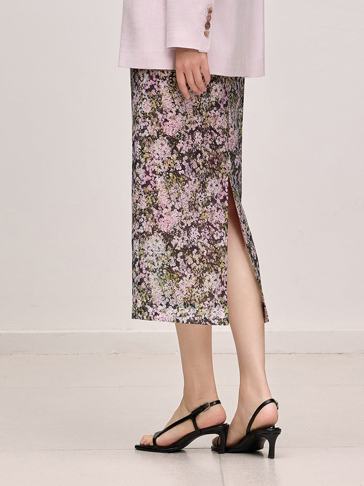 Sheer Acetate Floral Pencil Skirt – Pink High-Waist Midi with Back Slit, Fall Collection