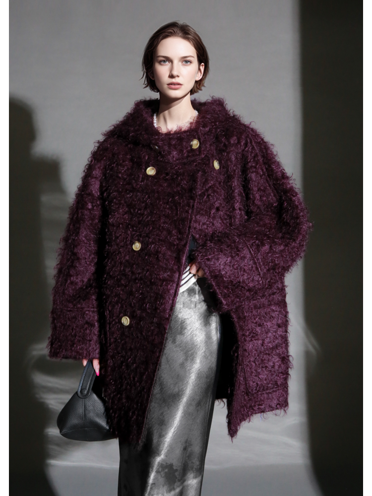 Cloud Plush Hooded Mohair Wool Coat for Women – Double-Faced Teddy Textured Wool Overcoat, Soft and Warm Winter Outerwear