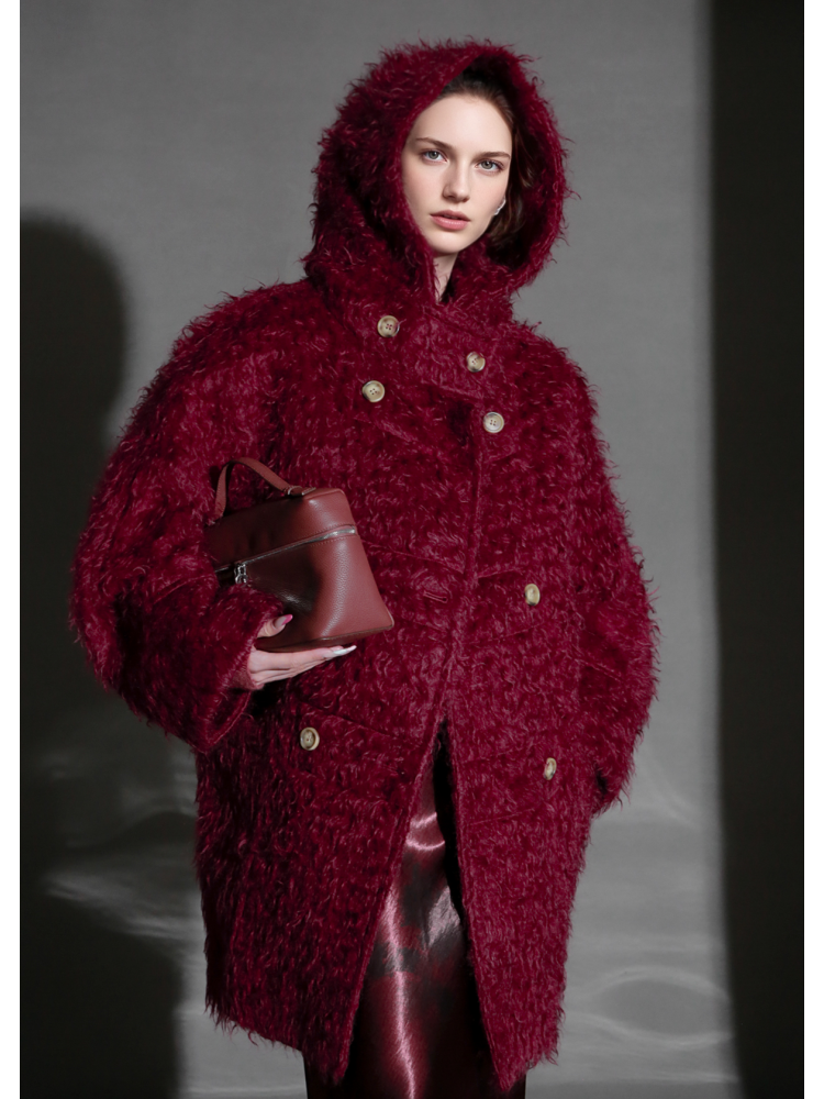 Cloud Plush Hooded Mohair Wool Coat for Women – Double-Faced Teddy Textured Wool Overcoat, Soft and Warm Winter Outerwear