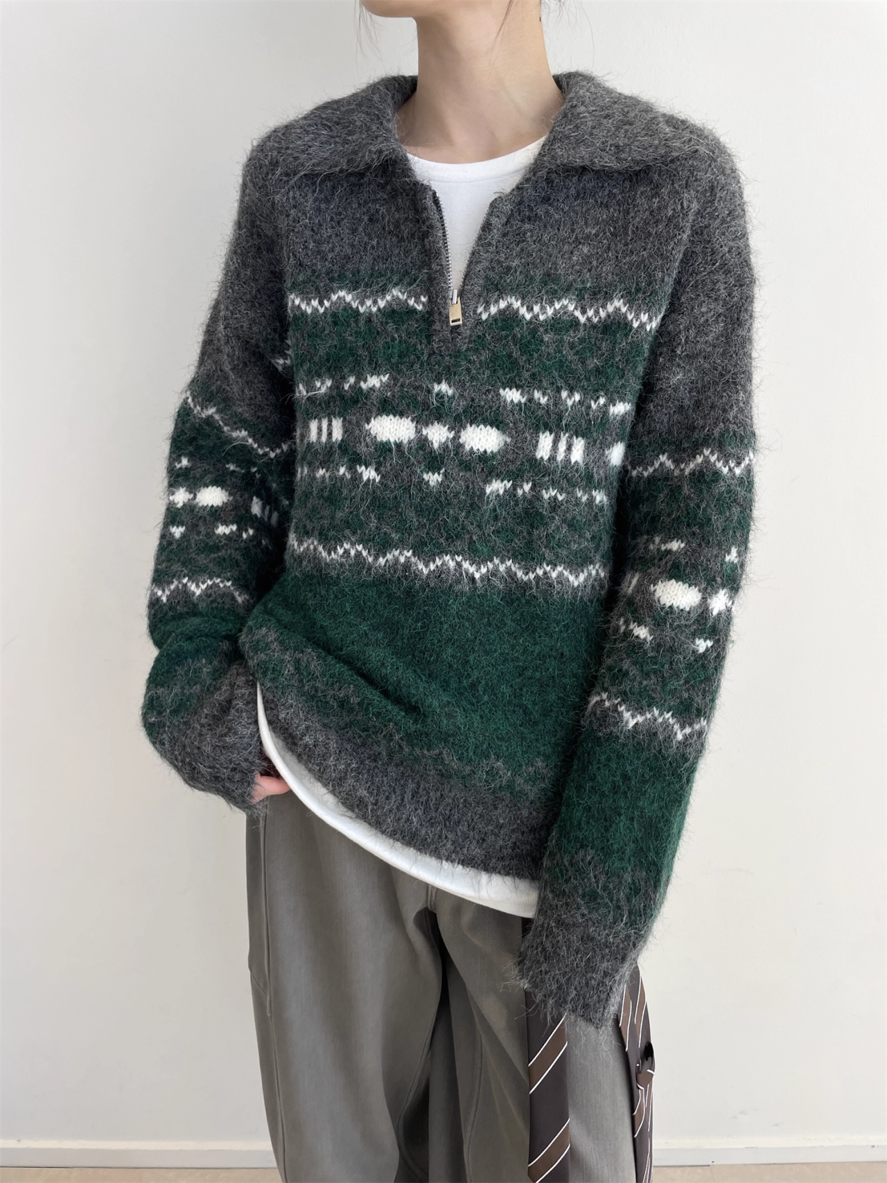 Women’s Gray-Green Fair Isle Wool Blend Sweater | Vintage Thick Knit Pullover for Fall