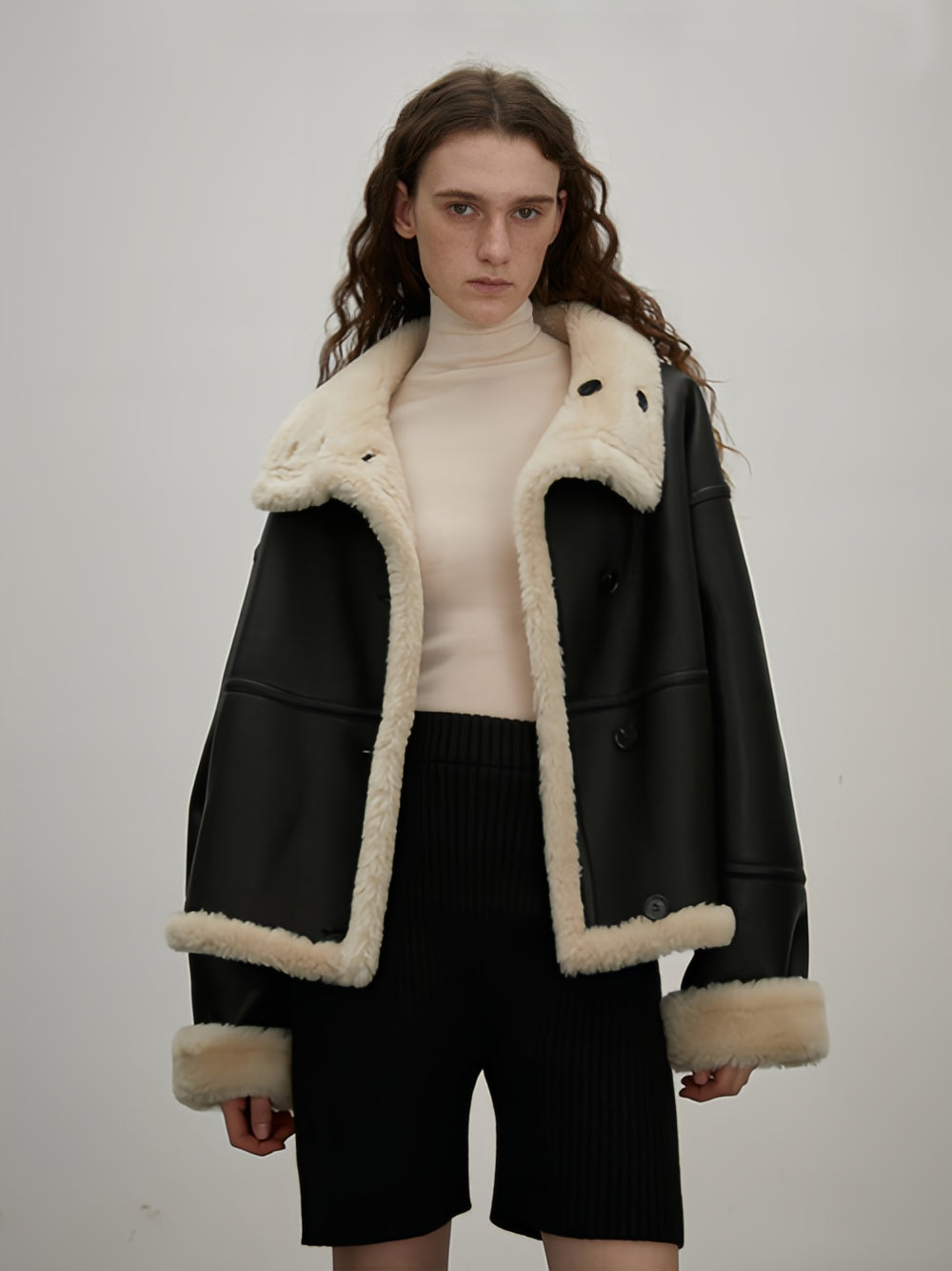 Reversible Moto Jacket for Women — Short Teddy Coat with New Zealand Sheepskin Shearling, Color-Block Suede & Premium PU Leather