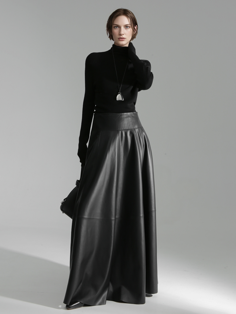 Black lamb leather maxi skirt outfit inspiration