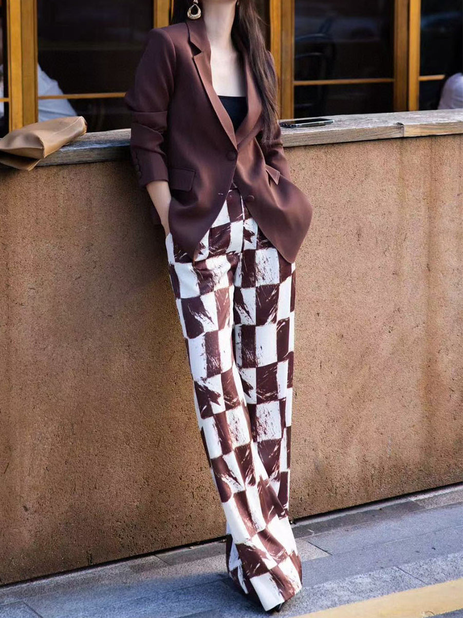 Autumn Two-Piece Set for Women – High-End Coffee Color Plaid Blazer & Trousers, Stylish Tailored Suit