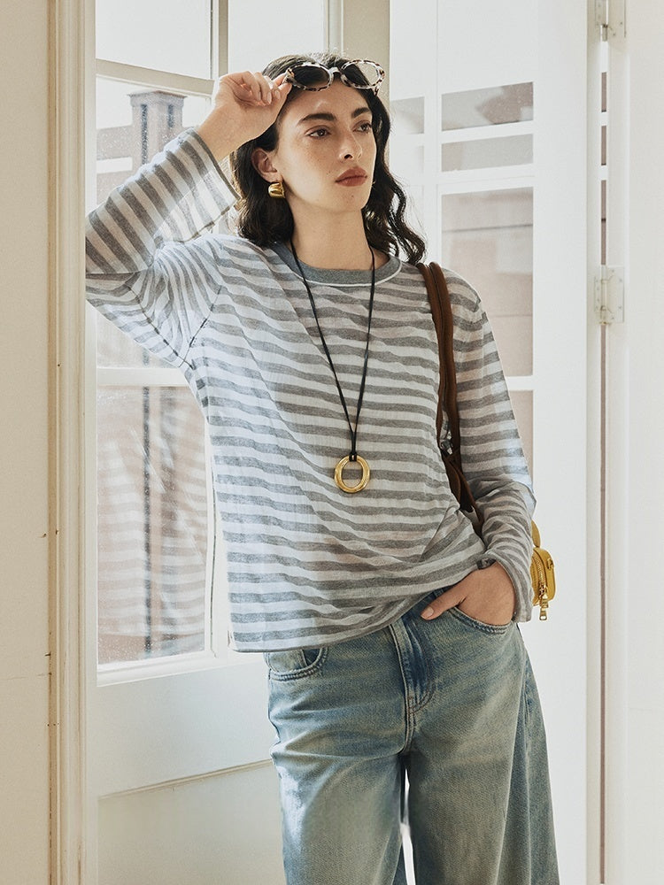 French Sheer Breton Knit Top – Lightweight Linen Lyocell Blend, Breathable & Relaxed Fit