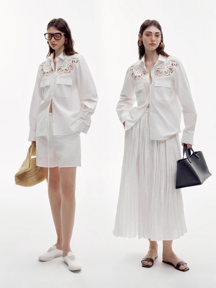 Luxury French Hollow Embroidered Cotton Blouse – Refined Craftsmanship, Elegant Summer Shirt