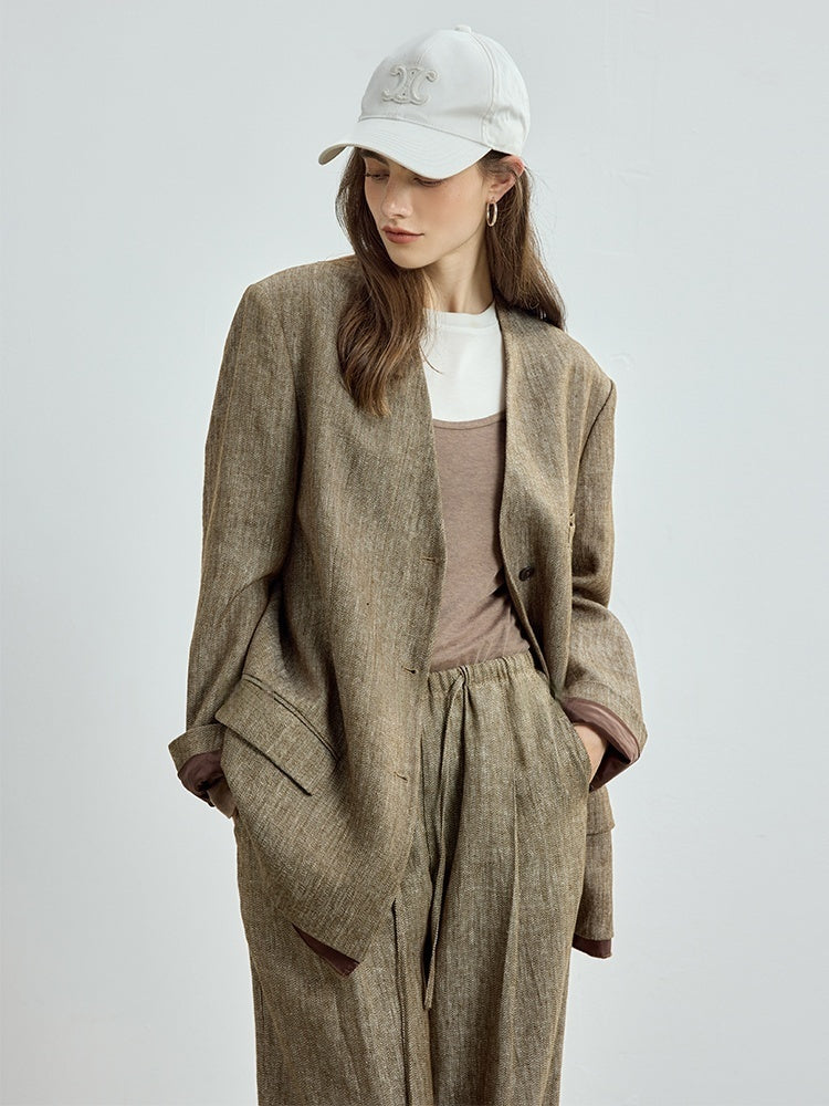 Old Money Linen Collarless Blazer – Minimalist Elegance for Women