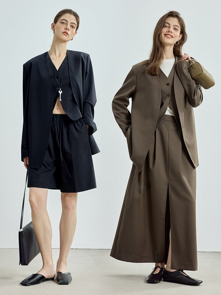 Fine Wool Blazer, Vest, Shorts & Skirt Set – Light Luxury Early Autumn Ensemble (Sold Separately)