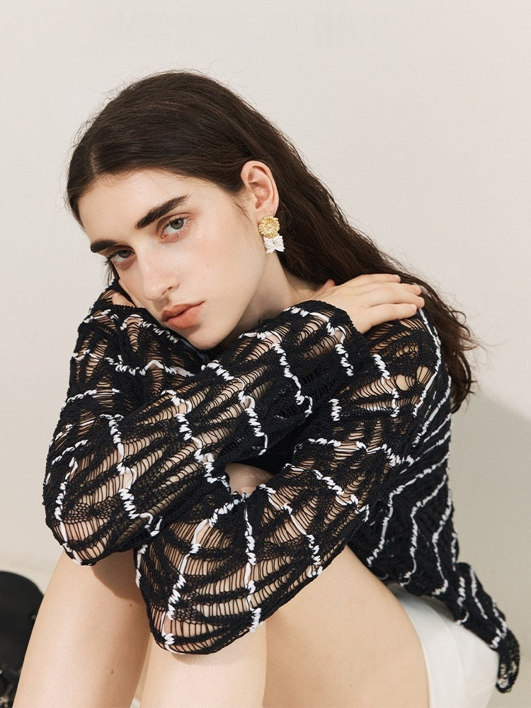 Nomadic Style Artisanal Hollow-Knit Boat Neck Top – Slimming Fit and Exquisite Craftsmanship