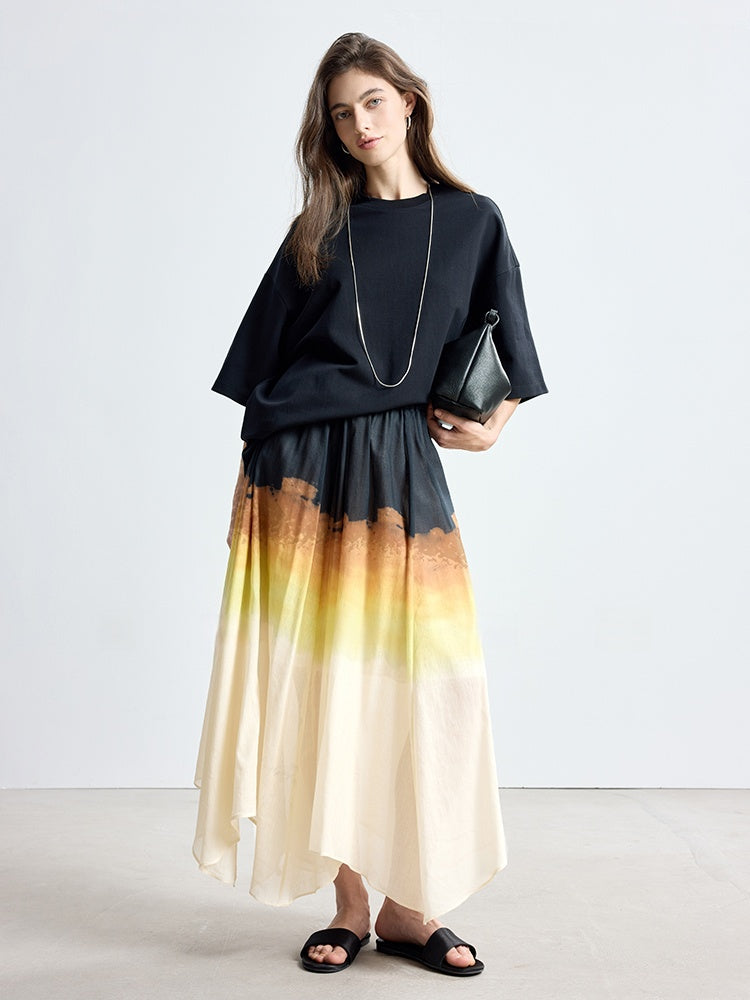 Artistic Gradient Sunset Print Tencel Pleated Skirt with Flared Hem