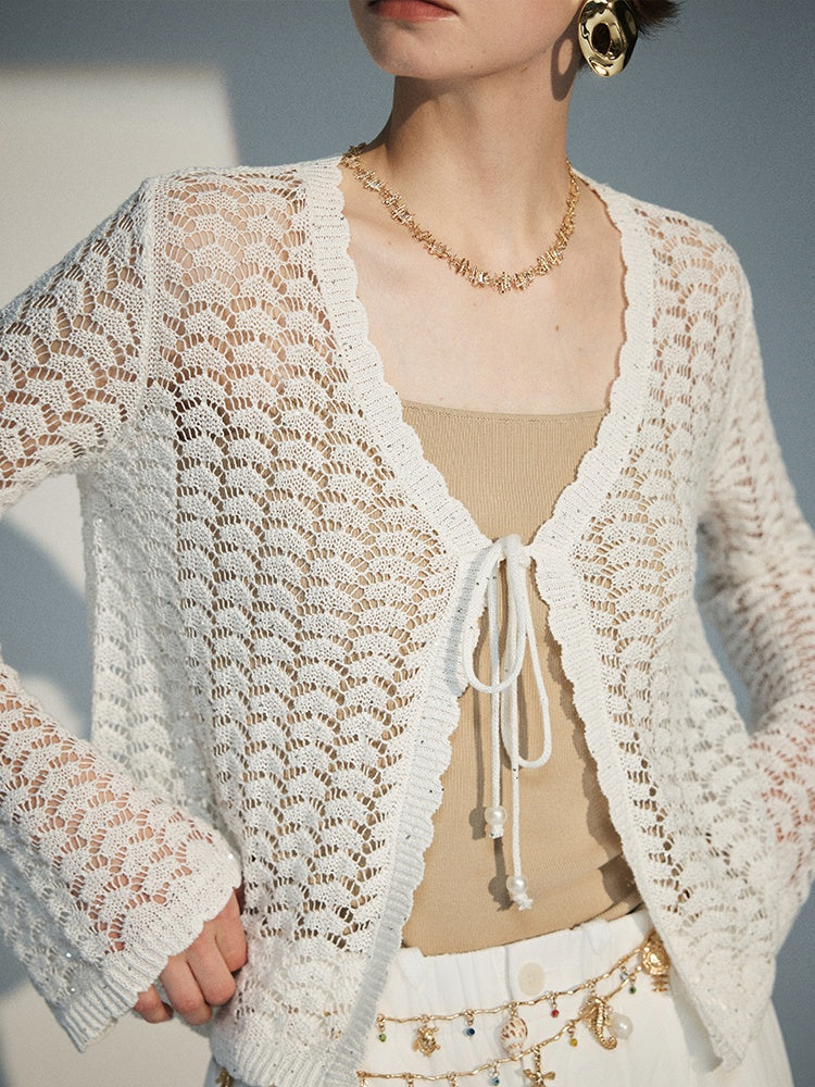 Old Money Vacation Cardigan – Natural Luxury Linen Blend with Diamond Glitter