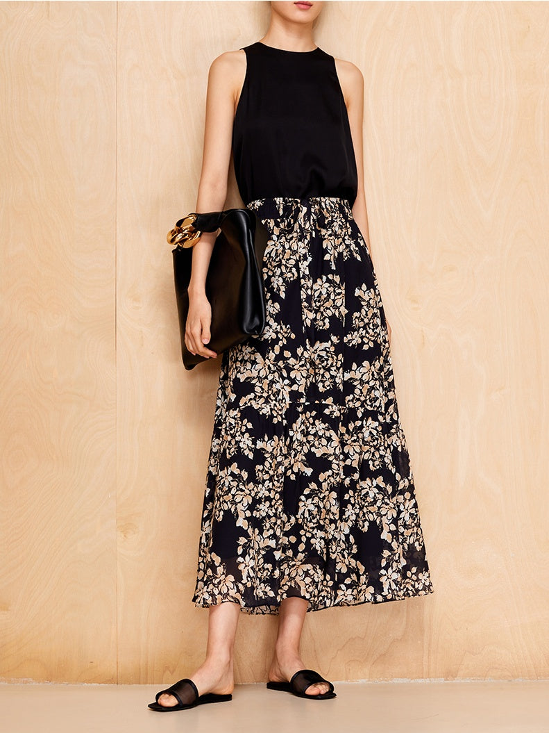 100%Mulberry Silk Floral Elastic Waist A Silk Over-the-Knee Mid-Length Skirt2025Spring and Summer