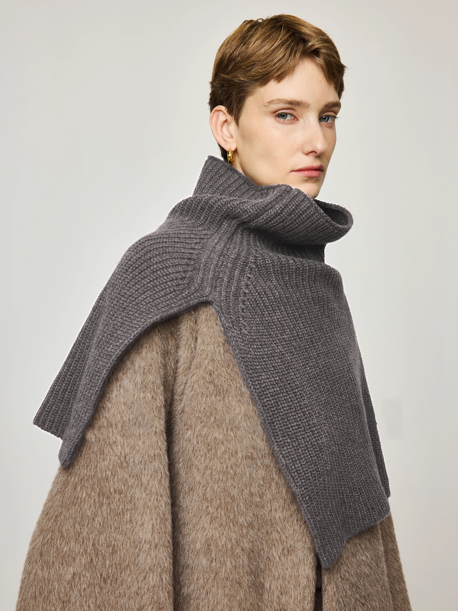 Italian Wool-Cashmere Turtleneck Split Knit Shawl Scarf | Multi-Style Wrap Accessory