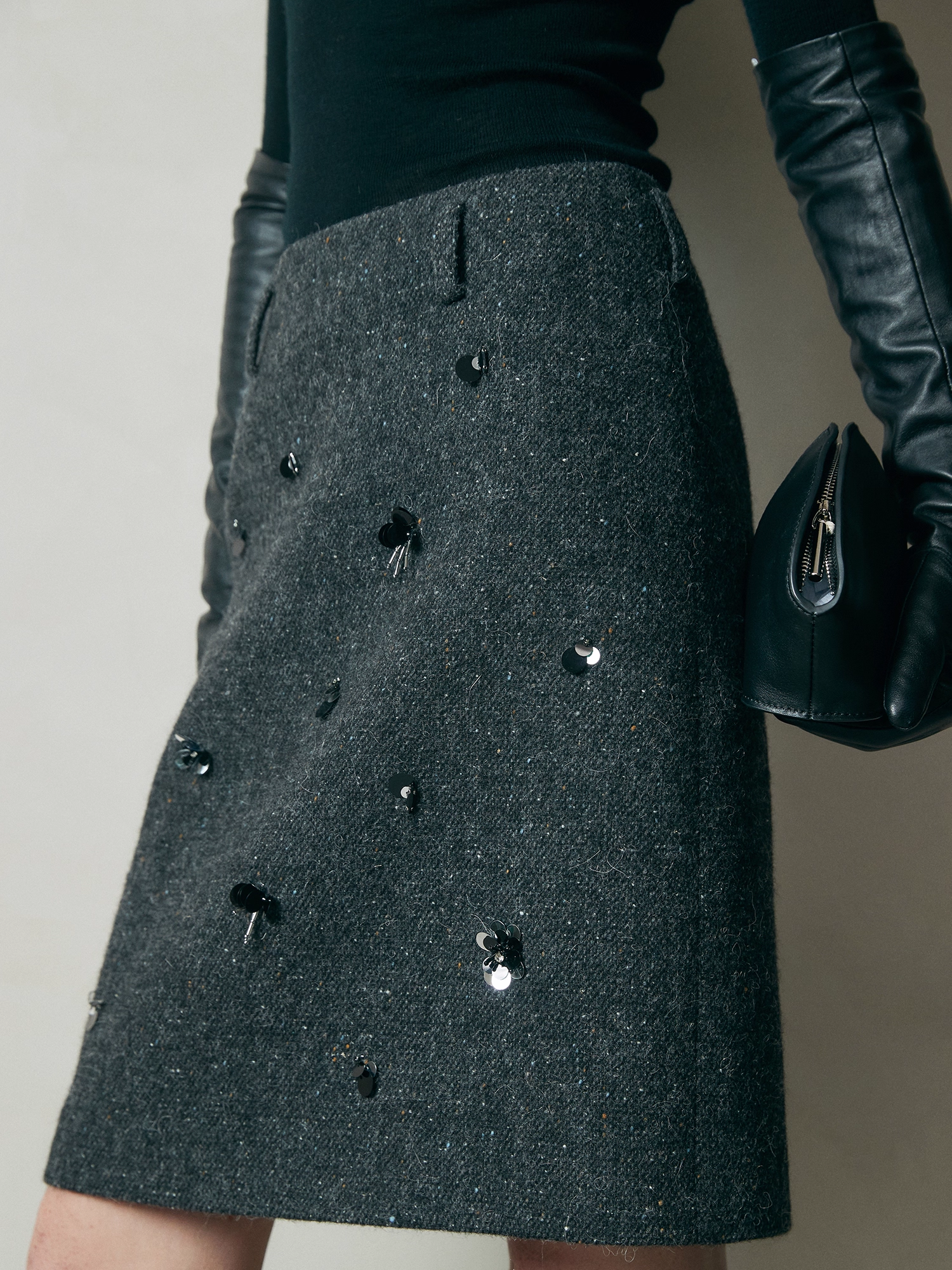 Australian Wool Blend Beaded Pencil Skirt – Hand-Embellished, Custom-Dyed Brown Woolen Midi Skirt