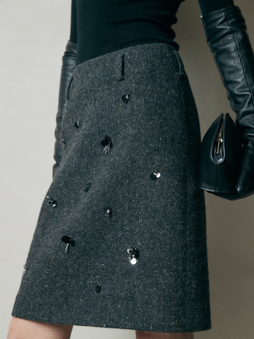 Australian Wool Blend Beaded Pencil Skirt – Hand-Embellished, Custom-Dyed Brown Woolen Midi Skirt