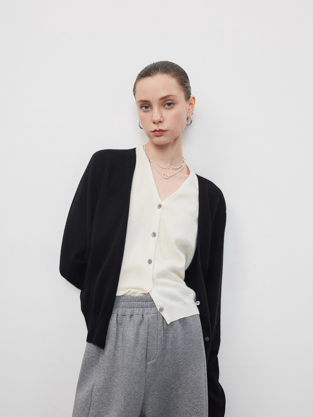 Layered V-Neck Contrast Trim Cardigan Jacket | Gray Wool Knit Unique Fall Top