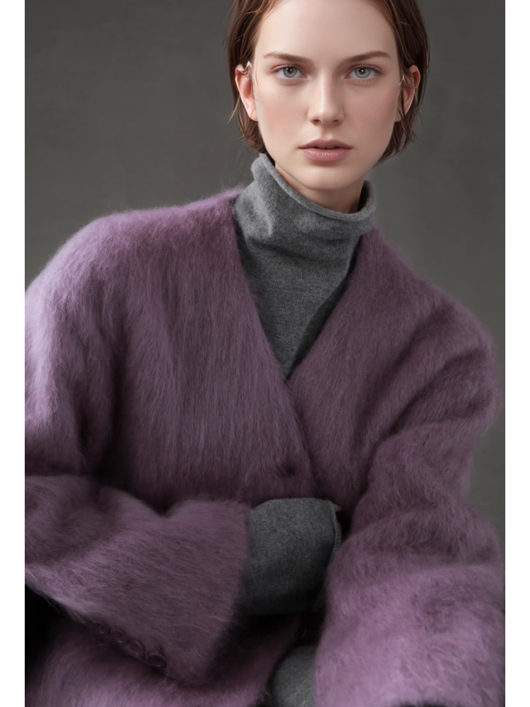 V-Neck Wool Coat for Women – Double-Faced Cashmere Blend Brushed Short Jacket, Elegant Autumn Winter Outerwear