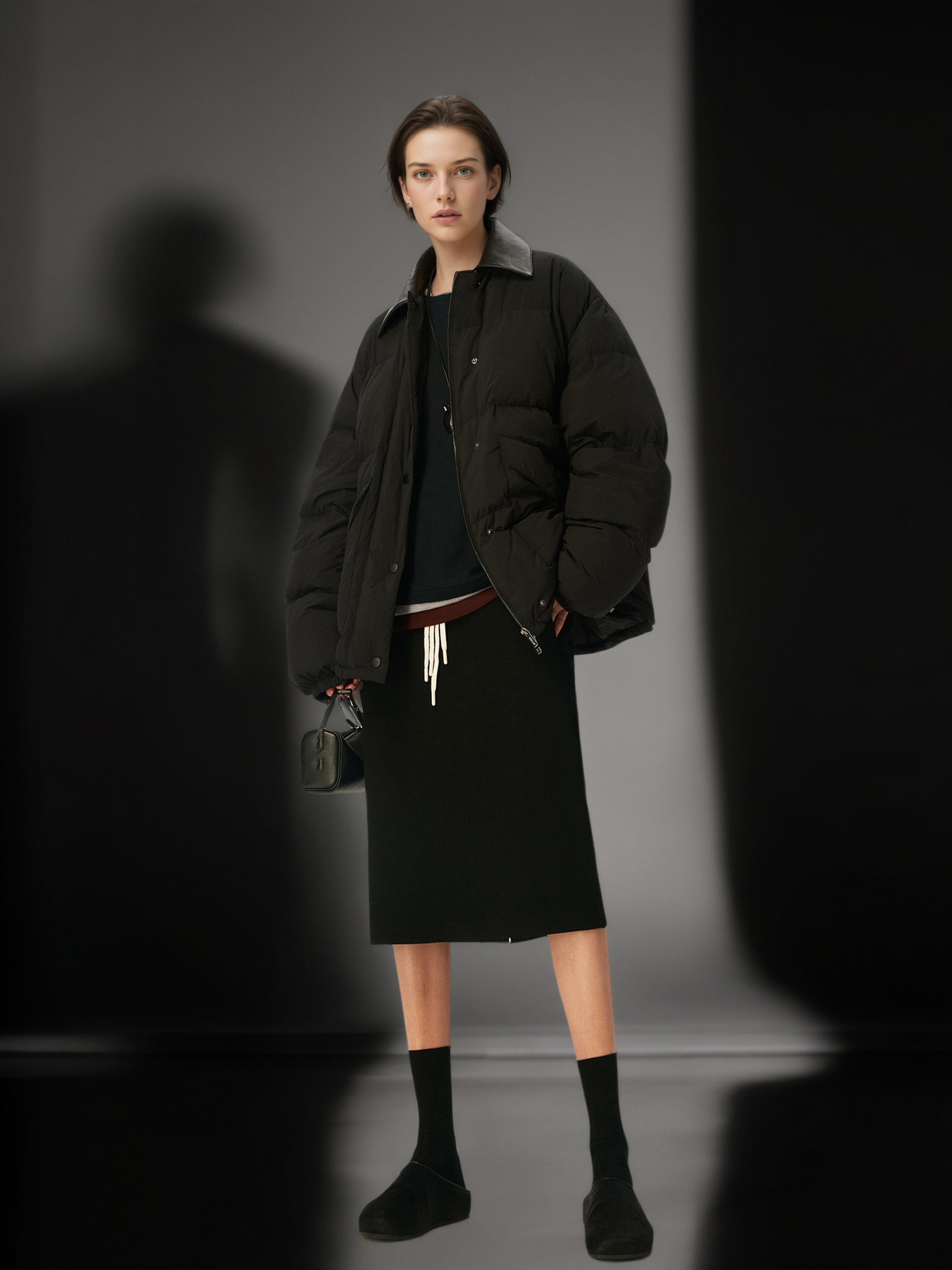 95% White Goose Down Lightweight Puffer Jacket for Women with Leather-Trim Collar and Relaxed MIU-Inspired Design