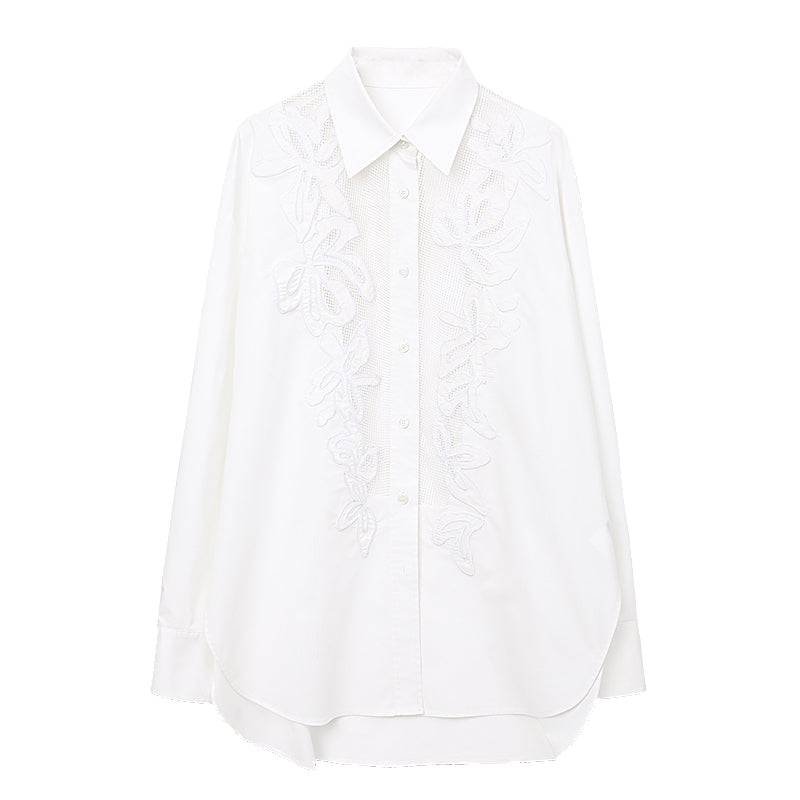 Chic Intellectual Lace Blouse | Elegant ROW Style Hollow-Out Design Oversized White Shirt